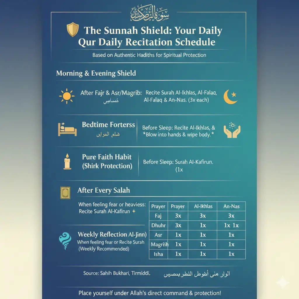 nfographic showing the 5 Surahs starting with Qul in the Quran with English and Urdu translations.