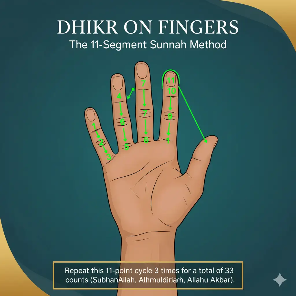 Educational diagram showing the Sunnah method of how to do dhikr on fingers by counting on finger segments of the right hand after Namaz.