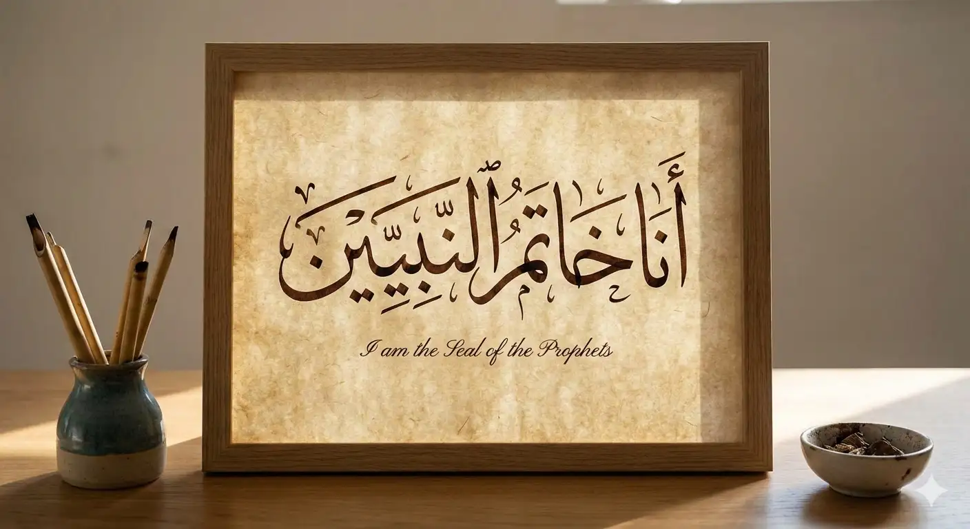 Elegant Arabic calligraphy of the Hadith "Ana Khatamun Nabiyyeen" (I am the Seal of the Prophets) in Thuluth script on vintage parchment paper, framed on a wooden desk.