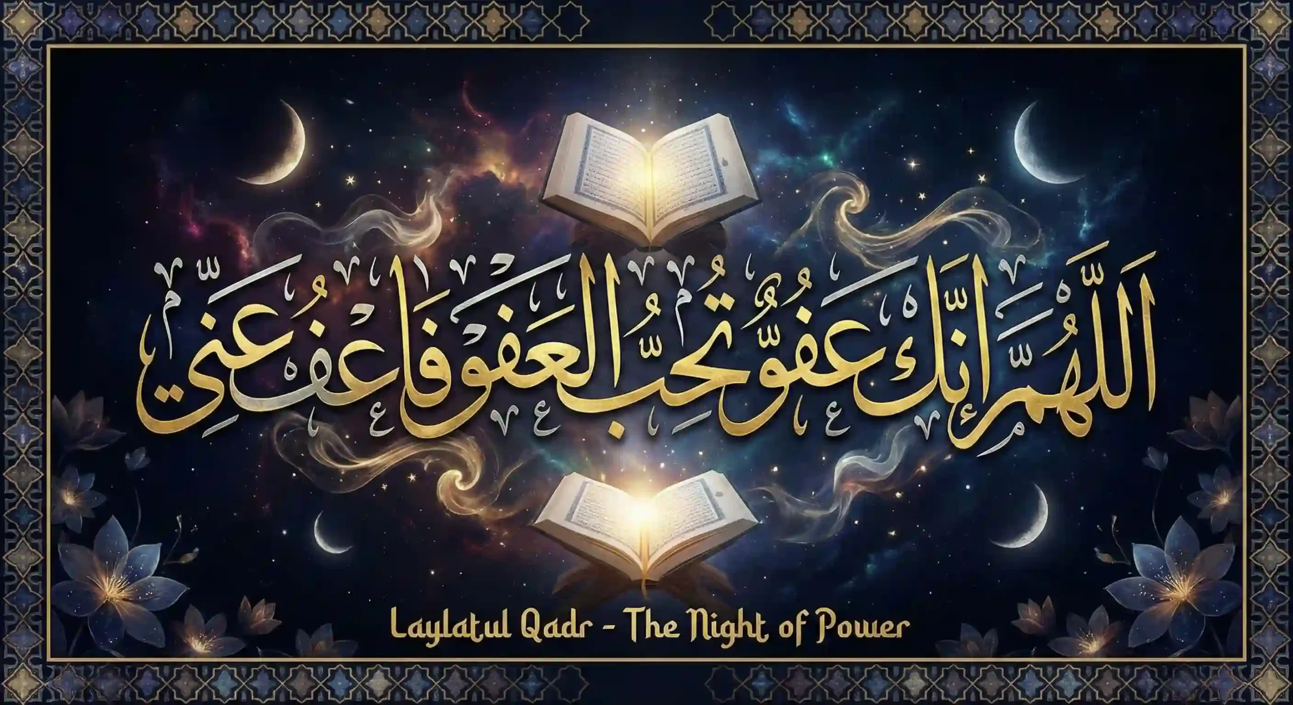 Gold Arabic calligraphy of Laylatul Qadr Dua (Allahumma innaka afuwwun) on deep green marble background for Ramadan 2026