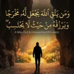 Silhouette of a man walking out of a dark stone cave into a sunlit field of flowers, with the Arabic calligraphy of Surah At-Talaq Ayat 2-3 and English translation "A Way Out & Unexpected Provision" overlaid in gold.