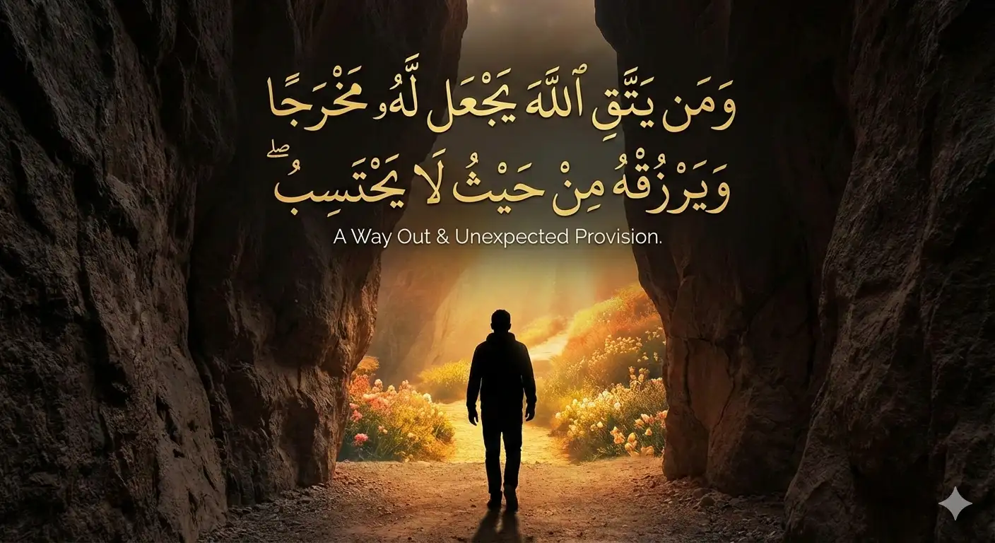 Silhouette of a man walking out of a dark stone cave into a sunlit field of flowers, with the Arabic calligraphy of Surah At-Talaq Ayat 2-3 and English translation "A Way Out & Unexpected Provision" overlaid in gold.