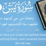 Surah Yaseen Ayat 9 Arabic text and English translation: Wajaalna mim baini aidihim saddaw. A powerful verse for divine protection and safety.