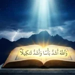 An open Holy Quran glowing with light, displaying the Arabic calligraphy of "Wallahu ashaddu basan wa ashaddu tankila" against a backdrop of dark mountains and a stormy sky with lightning.