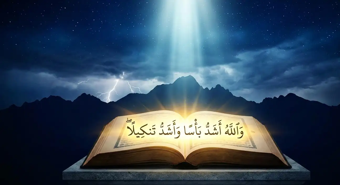 An open Holy Quran glowing with light, displaying the Arabic calligraphy of "Wallahu ashaddu basan wa ashaddu tankila" against a backdrop of dark mountains and a stormy sky with lightning.