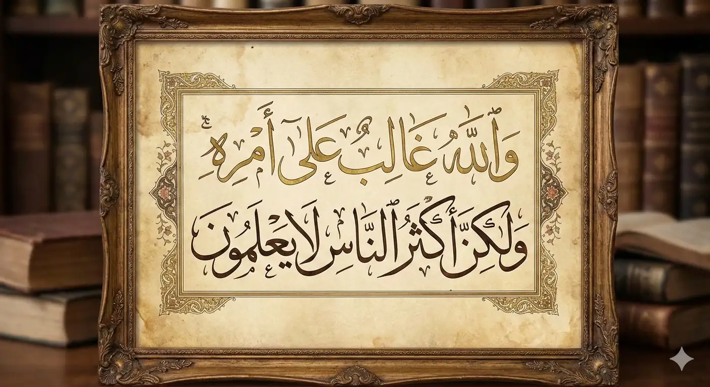 Handwritten Arabic Thuluth calligraphy of the Quranic verse Wallahu Galibun Ala Amrihi on aged parchment paper with an ornate wooden frame.