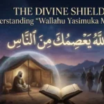 Artistic representation of the Prophet’s tent under divine protection with Arabic calligraphy of Wallahu Yasimuka Minannas from Surah Al-Ma'idah Ayah 67.