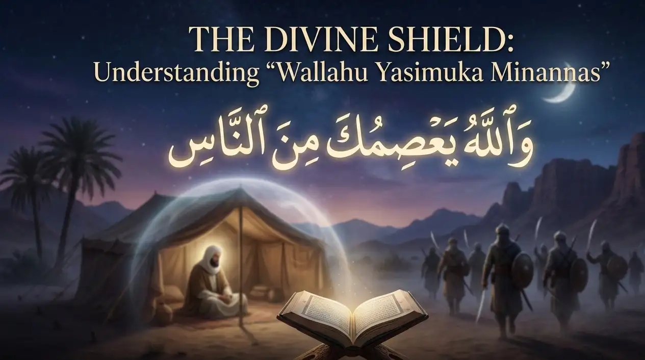 Artistic representation of the Prophet’s tent under divine protection with Arabic calligraphy of Wallahu Yasimuka Minannas from Surah Al-Ma'idah Ayah 67.