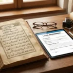 An open Quran showing the longest verse (Ayat al-Dayn) on a wooden desk next to a digital tablet displaying a Sunnah-compliant loan agreement form.