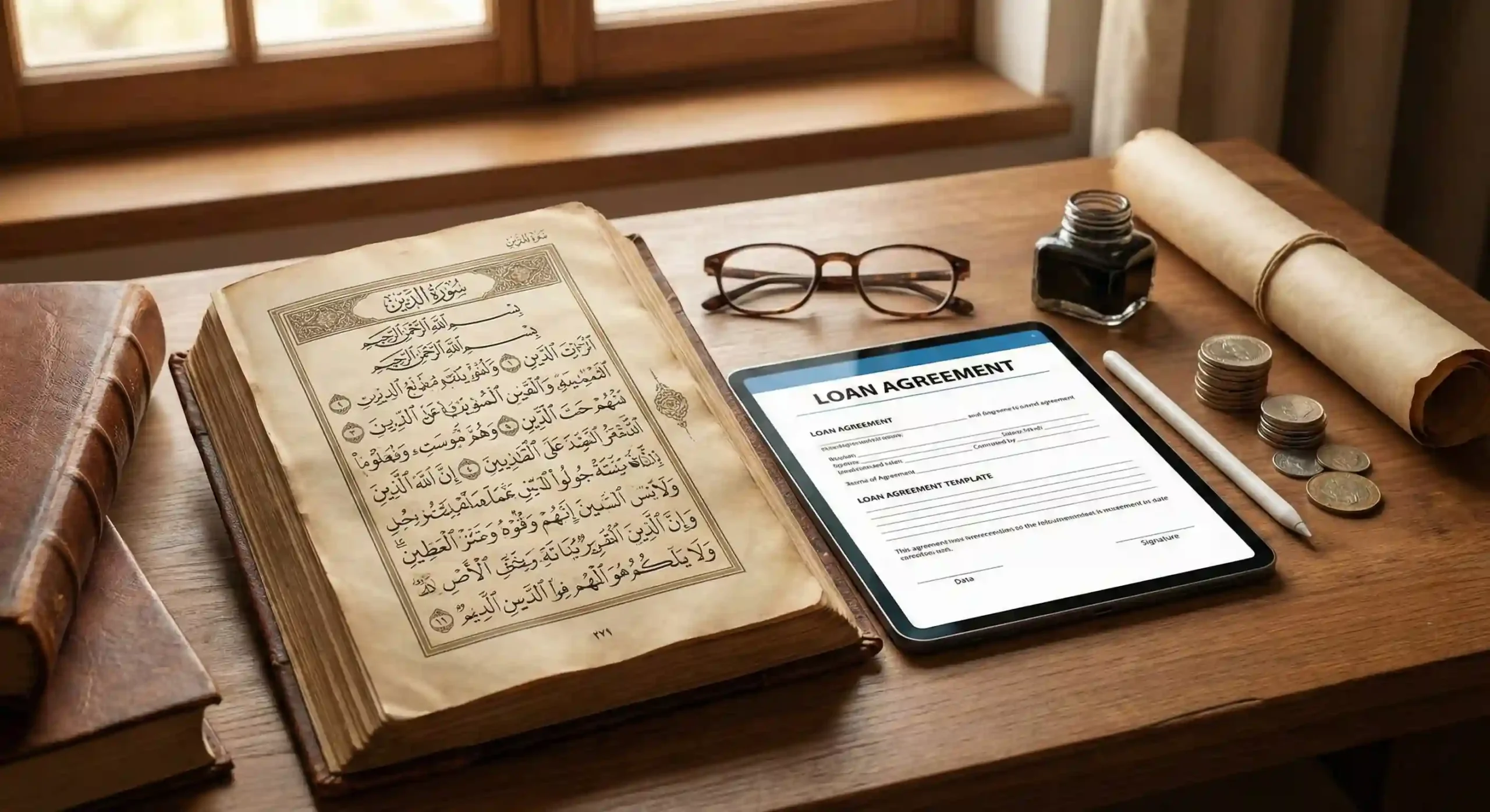 An open Quran showing the longest verse (Ayat al-Dayn) on a wooden desk next to a digital tablet displaying a Sunnah-compliant loan agreement form.