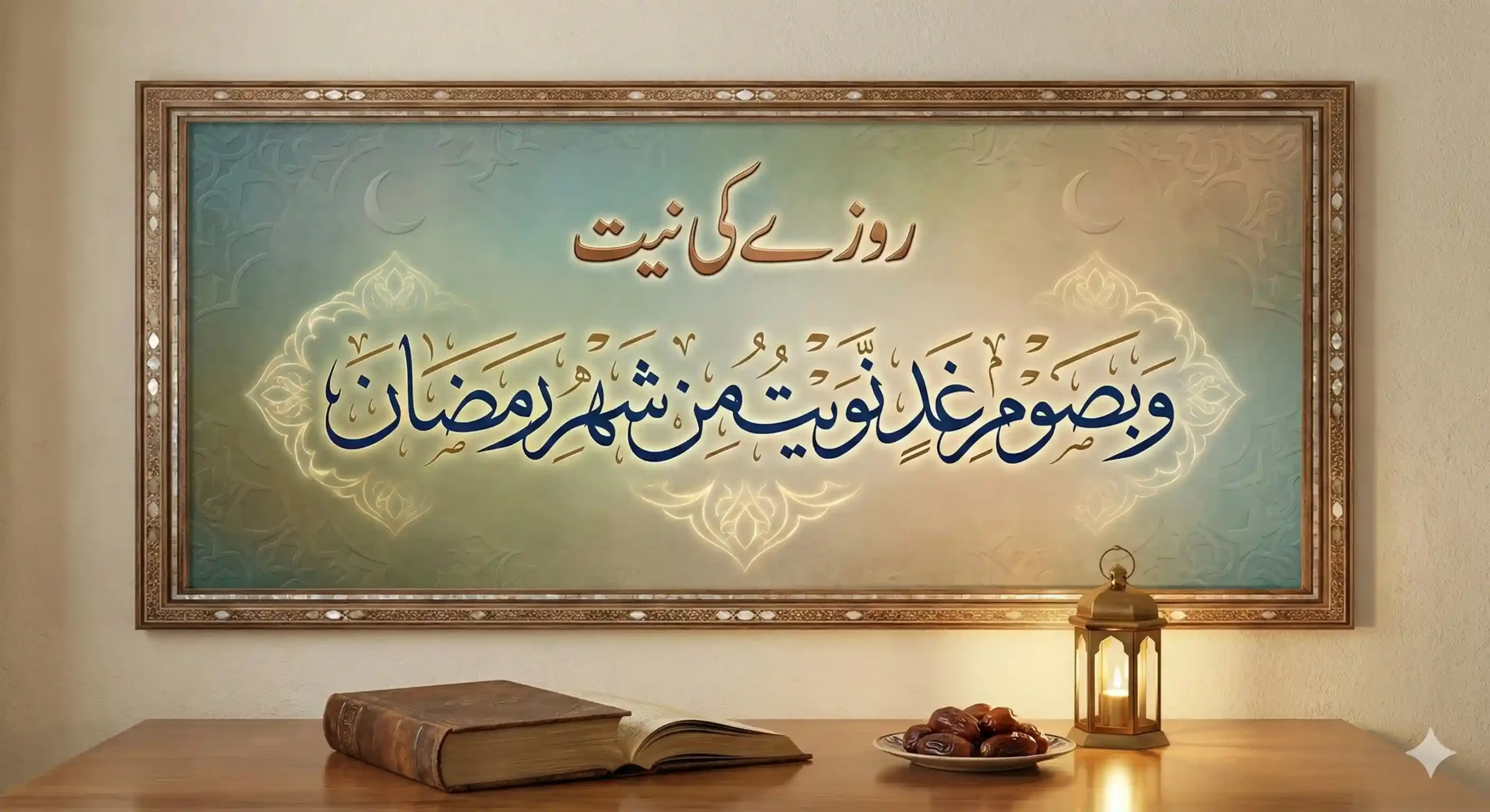ramed Islamic calligraphy artwork displayed on a wall, featuring the Arabic prayer "وَبِصَوْمِ غَدٍ نَّوَيْتُ مِنْ شَهْرِ رَمَضَانَ" (I intend to keep the fast for tomorrow in the month of Ramadan) and the Urdu title "روزے کی نیت" (Intention for Fasting). Below the frame, on a wooden table, are an open antique book, a bowl of dates, and a lit lantern, symbolizing the spiritual atmosphere of Ramadan.