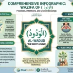 A detailed infographic about the Islamic name Al-Wadud (The Most Loving), featuring sections on wazifa practices for love and marriage, emotional healing benefits, and specific intentions for spiritual transformation.