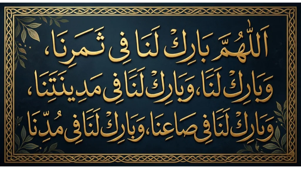 Beautiful Arabic calligraphy of Allahumma barik lana fi thamarina dua for barakah in fruits and provisions