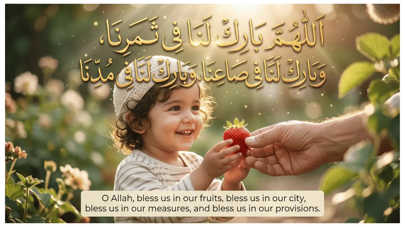 Child receiving first fruit with Islamic dua Allahumma barik lana fi thamarina – Sunnah of barakah in fruits and provisions